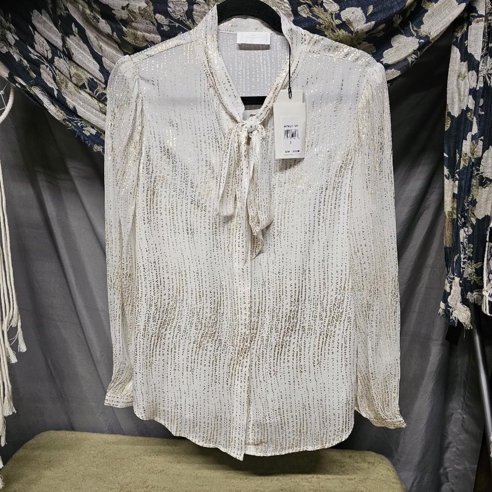 NEW 7 for all Mankind Silk Tie Neck Blouse in Ivory & Gold Size Small